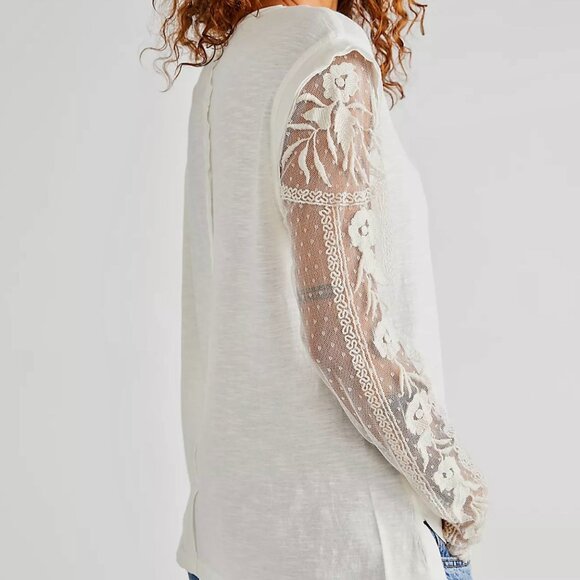 Free People Billie Jean Twofer Top Long Sleeve Tee Lace Sleeves Cream Ivory SM - Picture 13 of 13